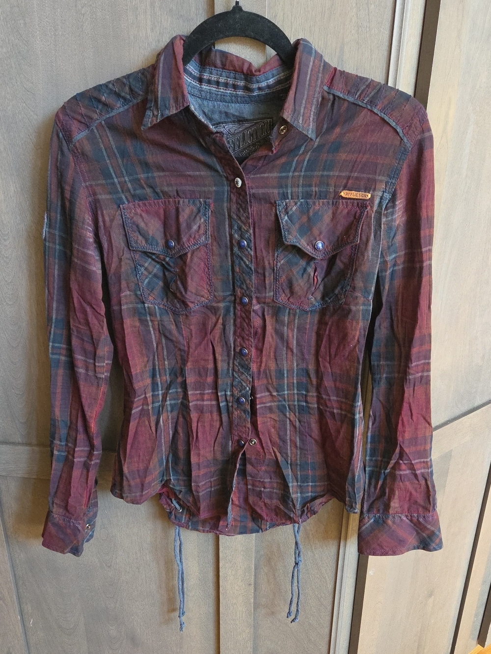 Affliction Burgundy and Navy Plaid Jean-Style Shirt Jacket
